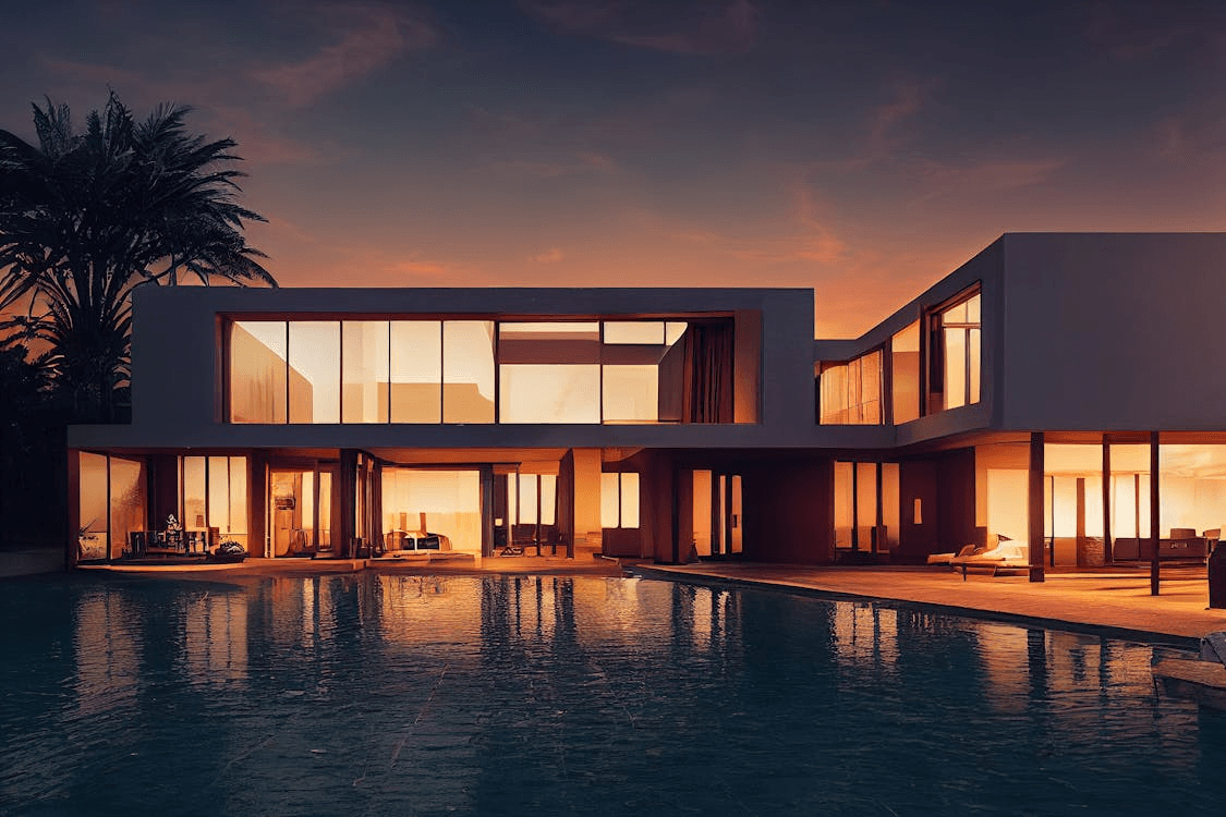 Modern luxury home with pool at sunset