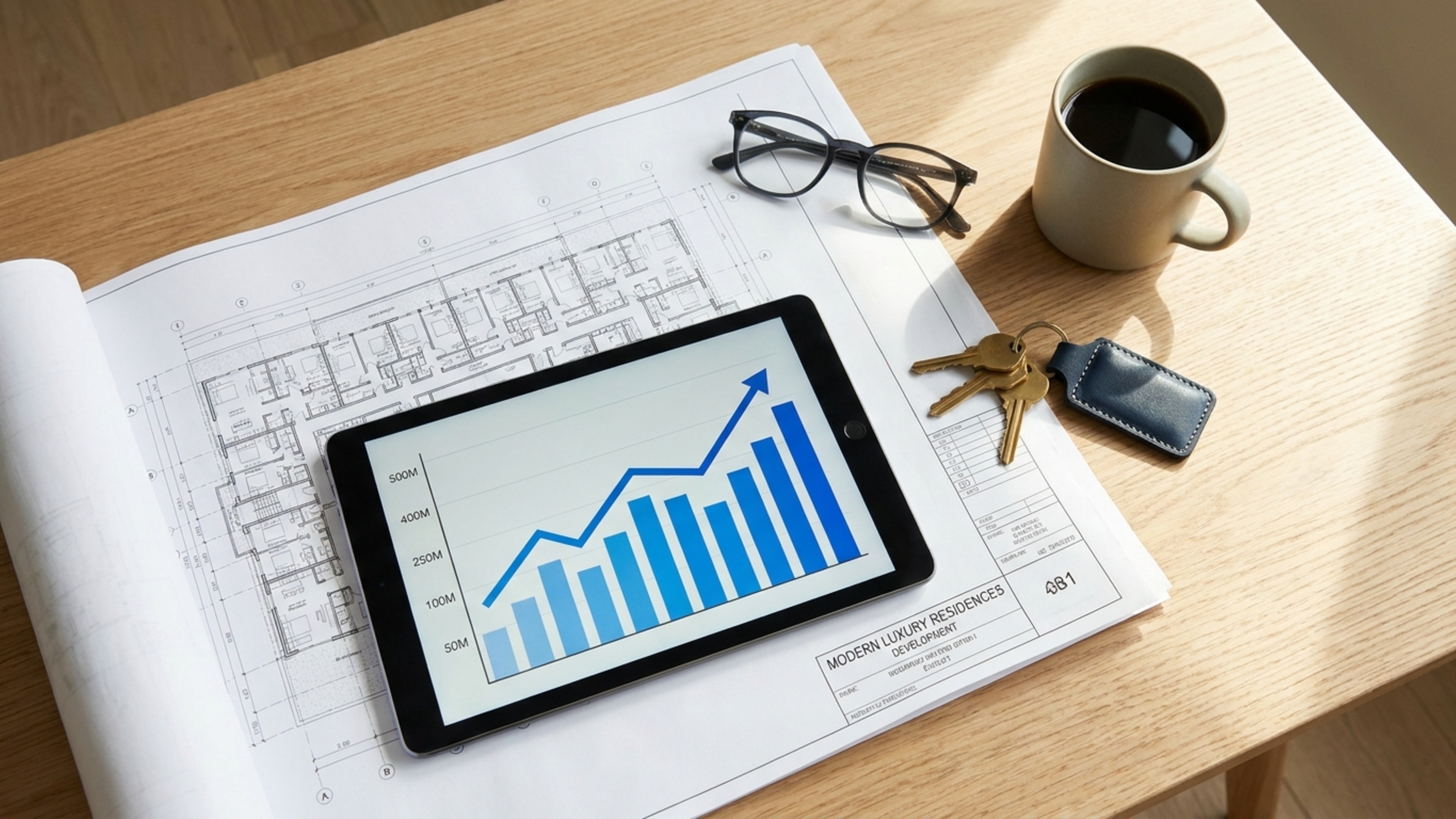 A modern office view showing a real estate investor reviewing documents on a tablet with a city skyline in the background.