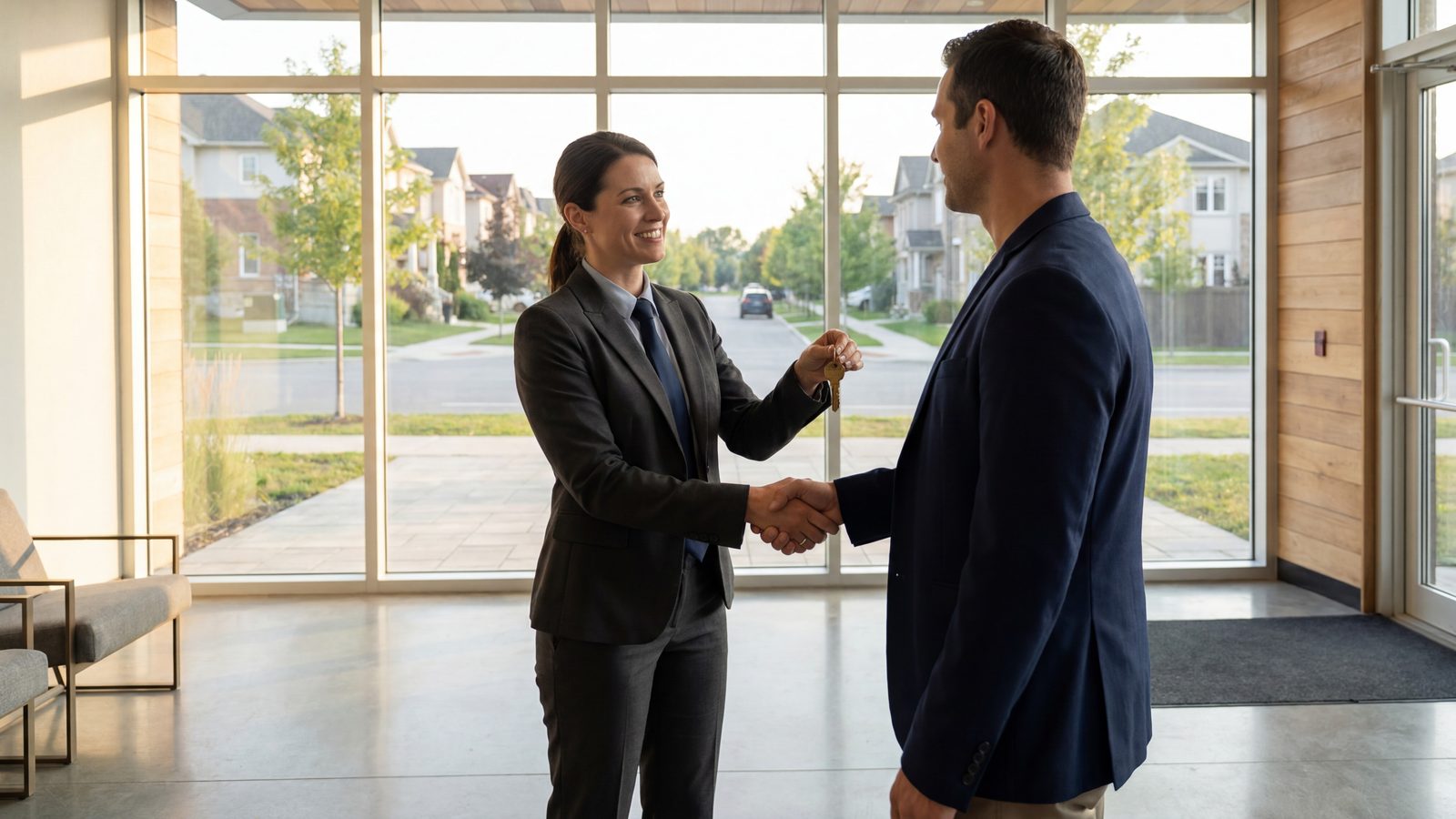 A mortgage loan originator reviewing financial documents with a real estate investor in a modern office setting.