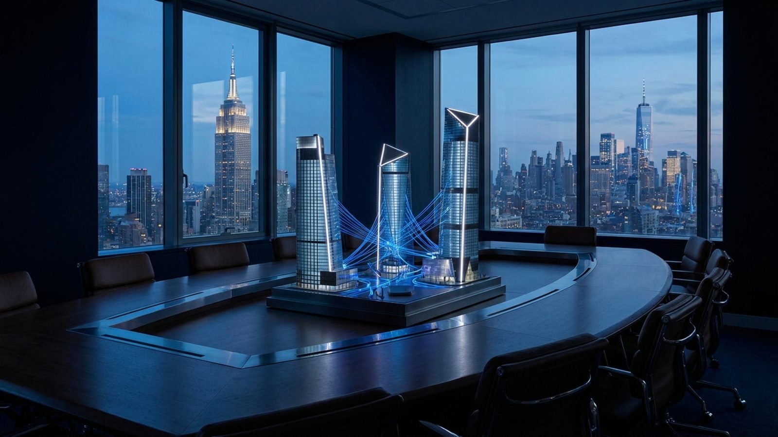 A modern, minimalist office space showing a digital dashboard of multiple real estate assets interconnected by thin lines.