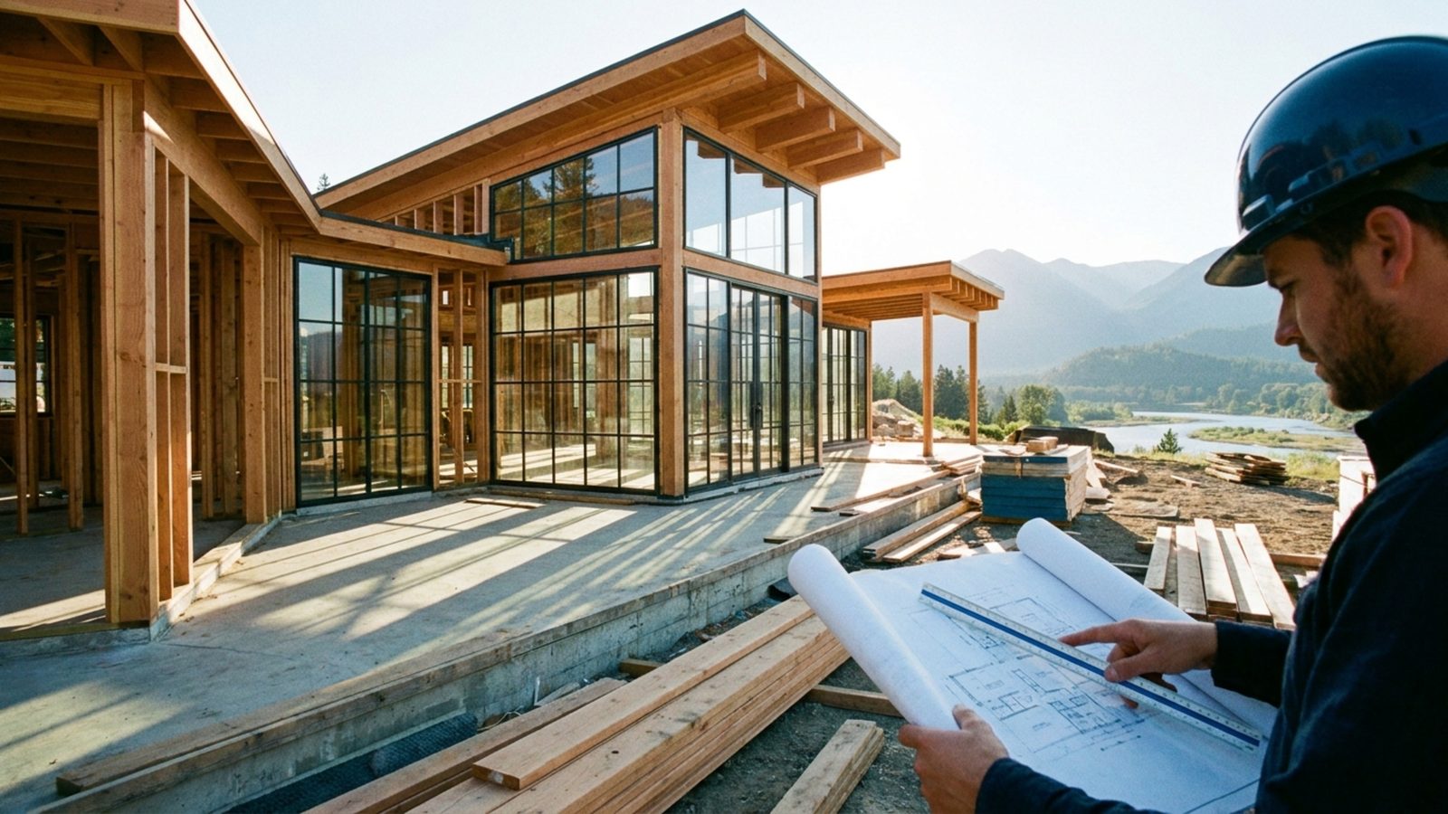 A construction site with a partially completed luxury home against a cloudy sky.