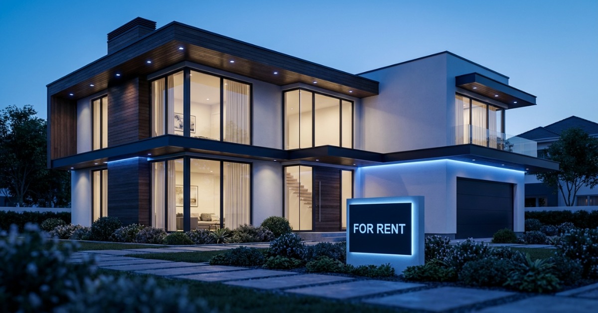 A real estate investor reviewing rental cash flow on a laptop in a bright modern rental unit at golden hour, premium and confident.