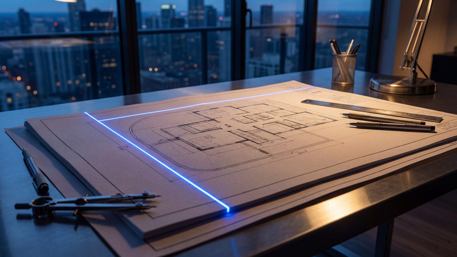 A professional general contractor reviewing architectural blueprints and construction progress on a modern luxury home site.