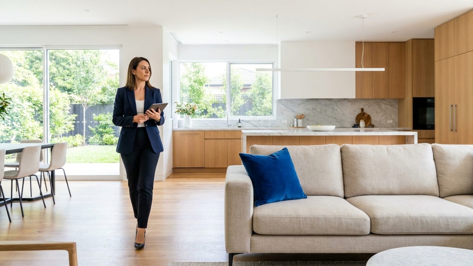 A modern, professional real estate agent reviewing a contract with a client in a bright, contemporary luxury home.