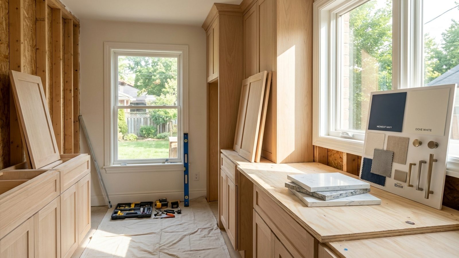 A professional real estate investor reviewing renovation plans on a tablet at a construction site.