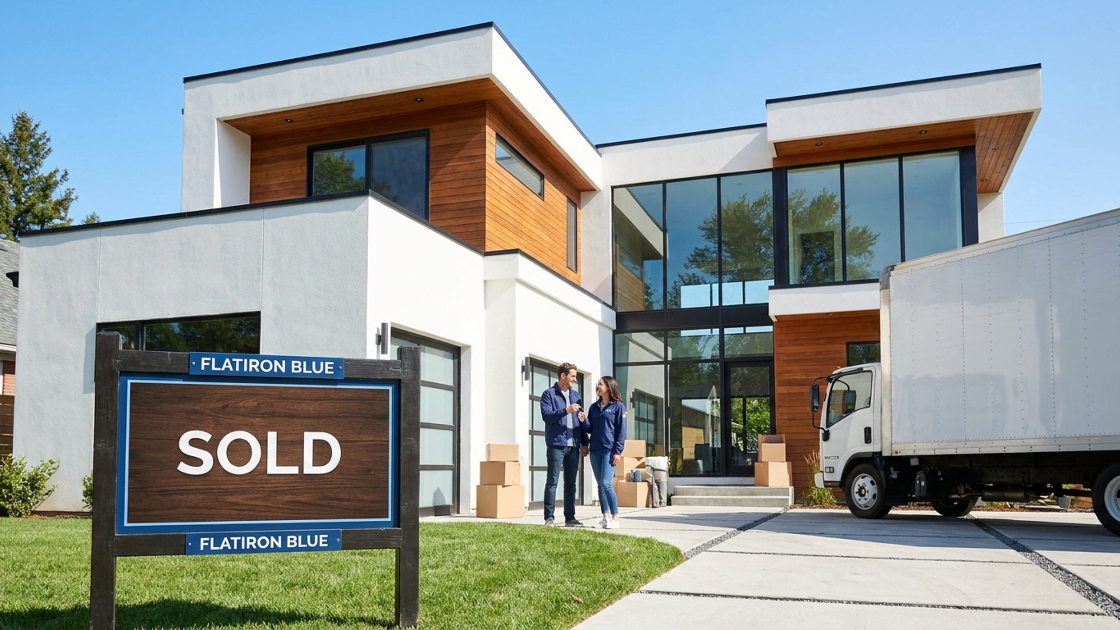 A modern residential property with a 'Sold' sign in the front yard, representing the transition between two homes.