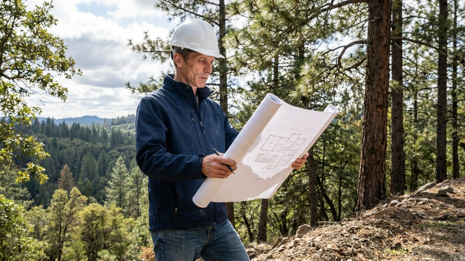 A professional real estate developer reviewing blueprints on a plot of vacant land.
