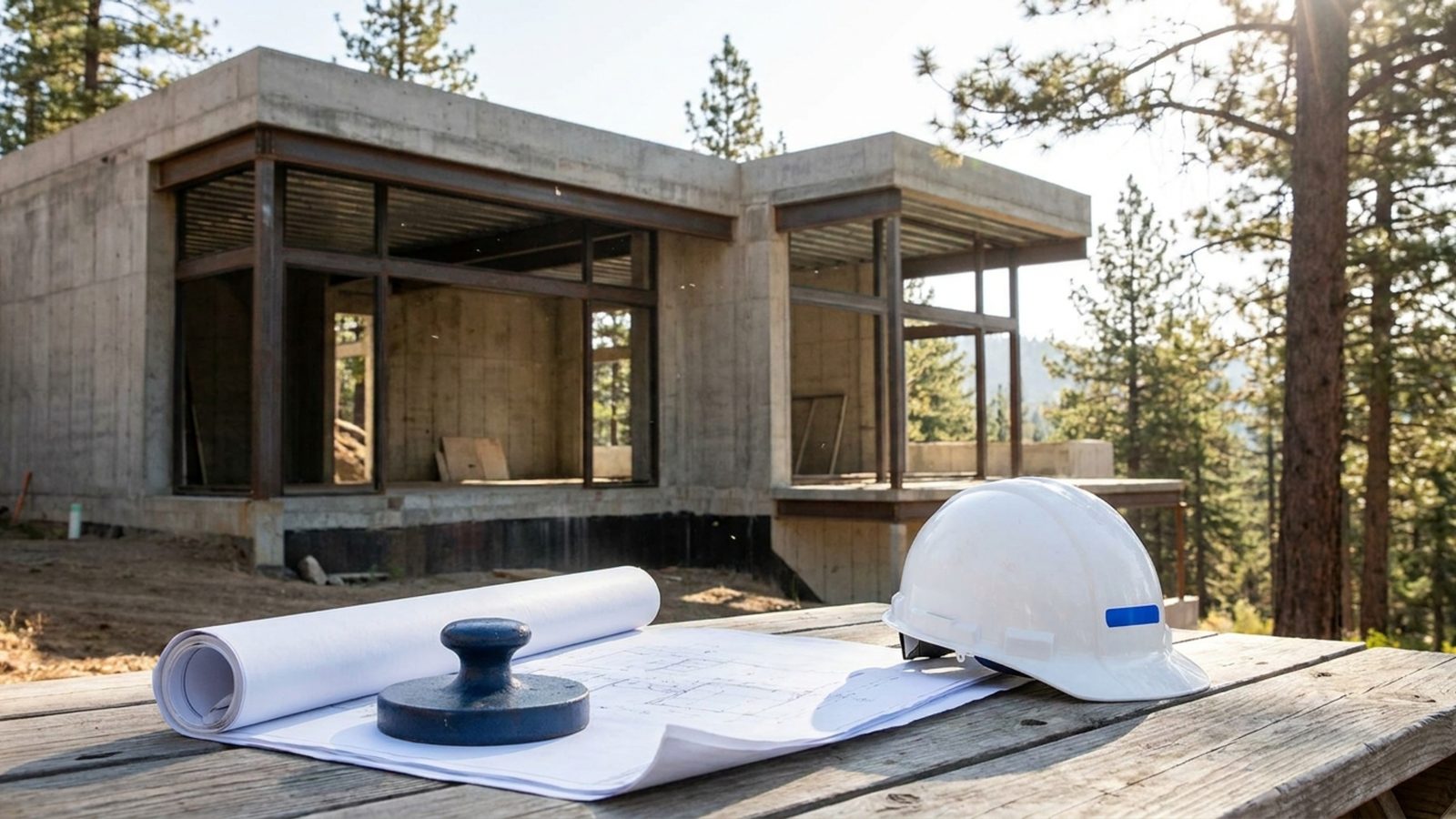 A modern luxury spec home under construction in a premium neighborhood with scaffolding and high-end materials visible.