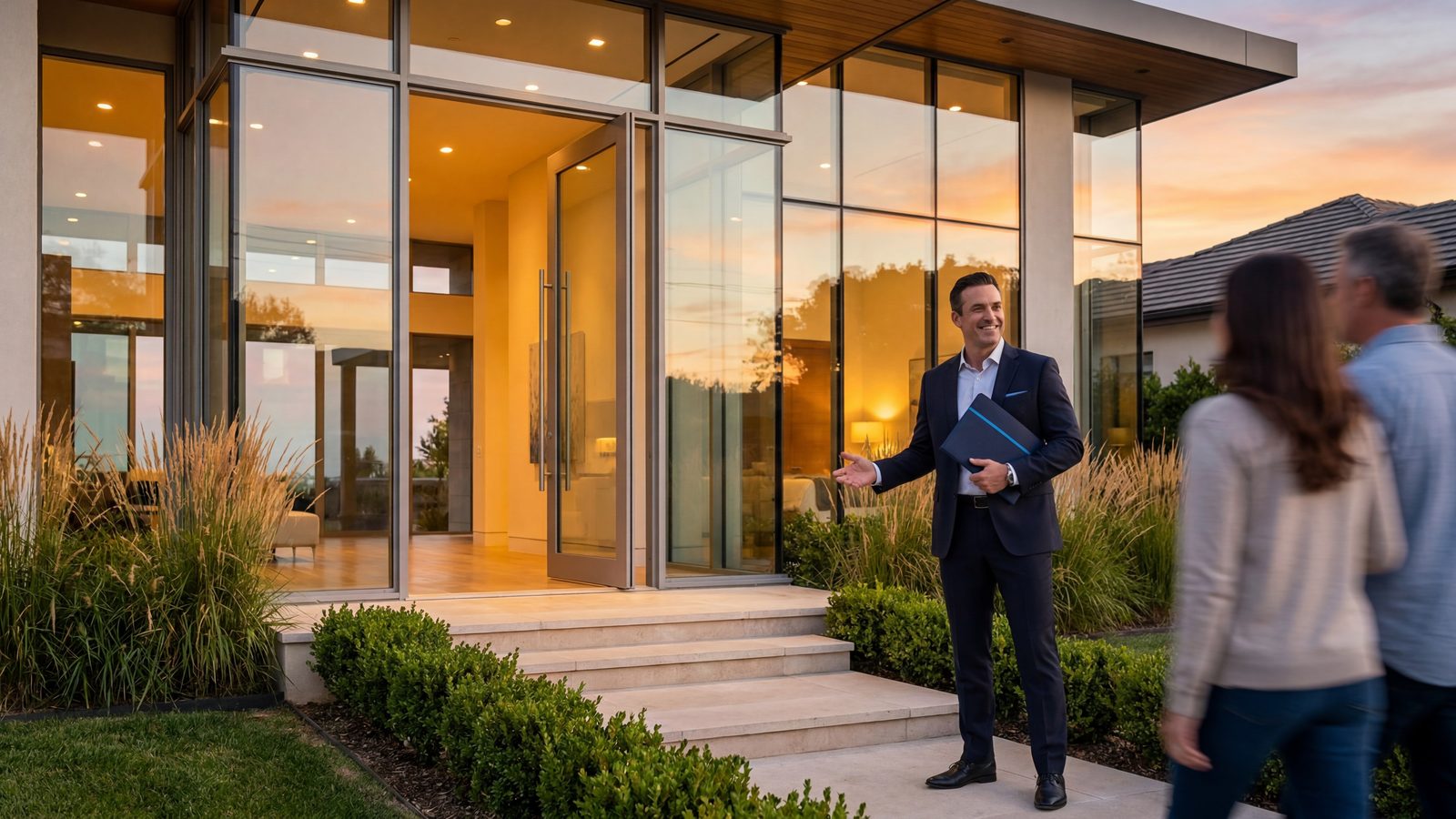 A professional mortgage broker reviewing loan documents in a modern, well-lit office setting.
