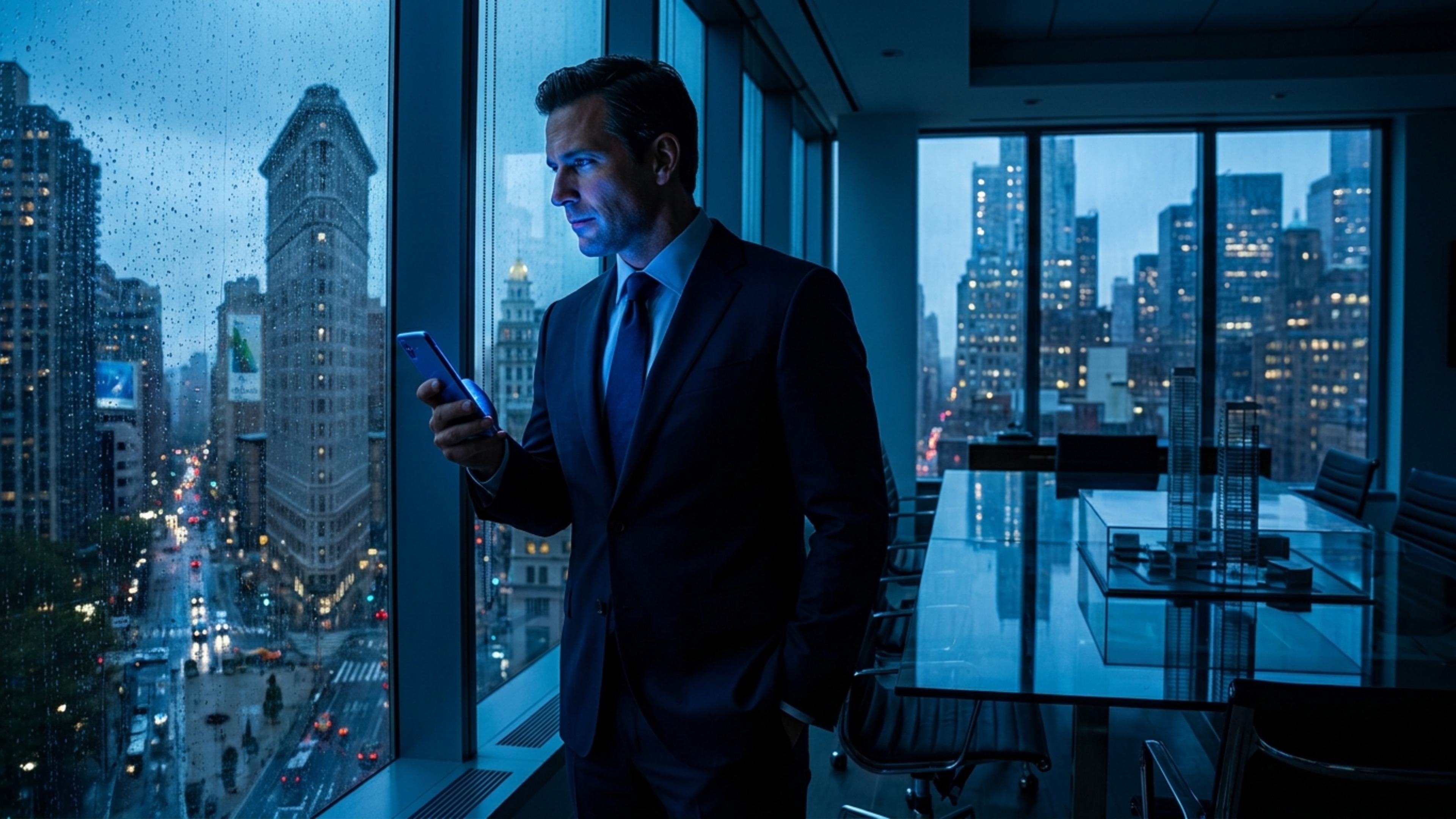 A confident real estate investor reviewing financing options outside a modern multifamily building at golden hour, premium and aspirational.