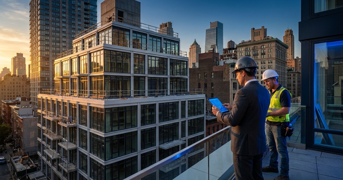A modern multi-unit residential building at golden hour with a real estate investor reviewing plans, premium, trustworthy, and aspirational.