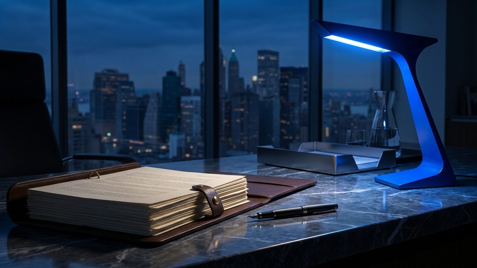 A clean, organized workspace featuring a laptop, a notebook, and professional real estate investment documents.