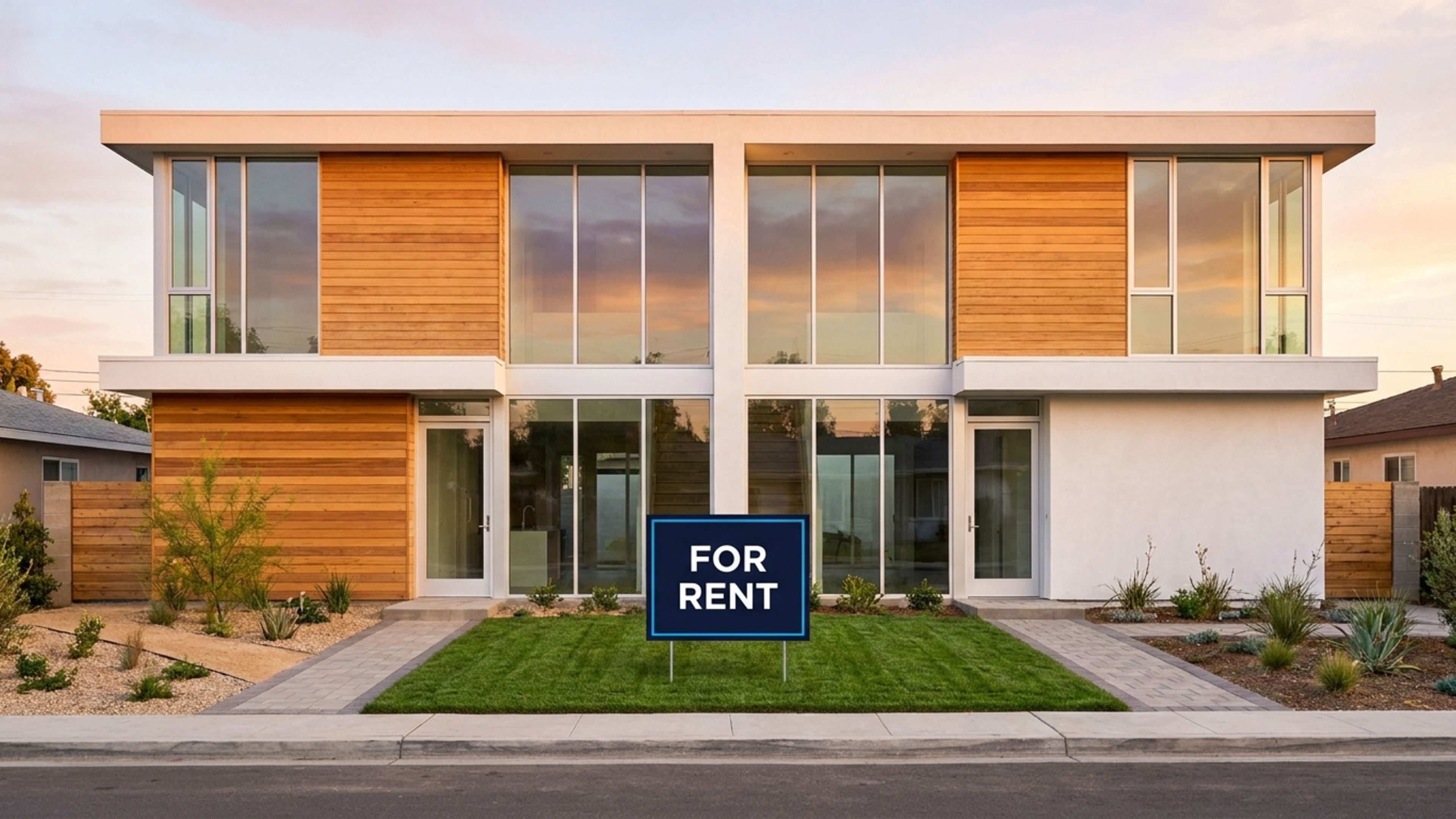 A modern, renovated residential rental property exterior with clean lines and landscaping.