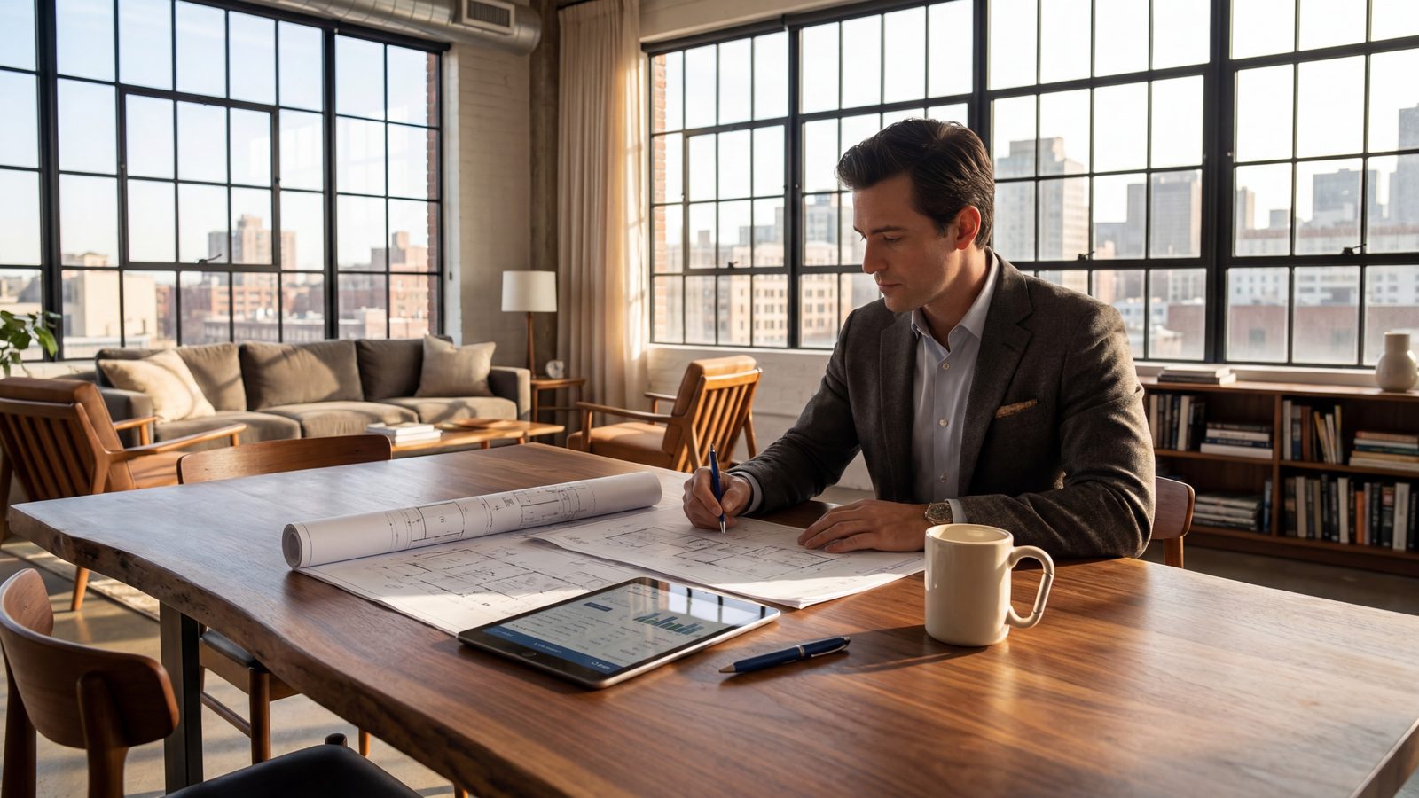 A professional investor reviewing real estate portfolio documents in a modern office.