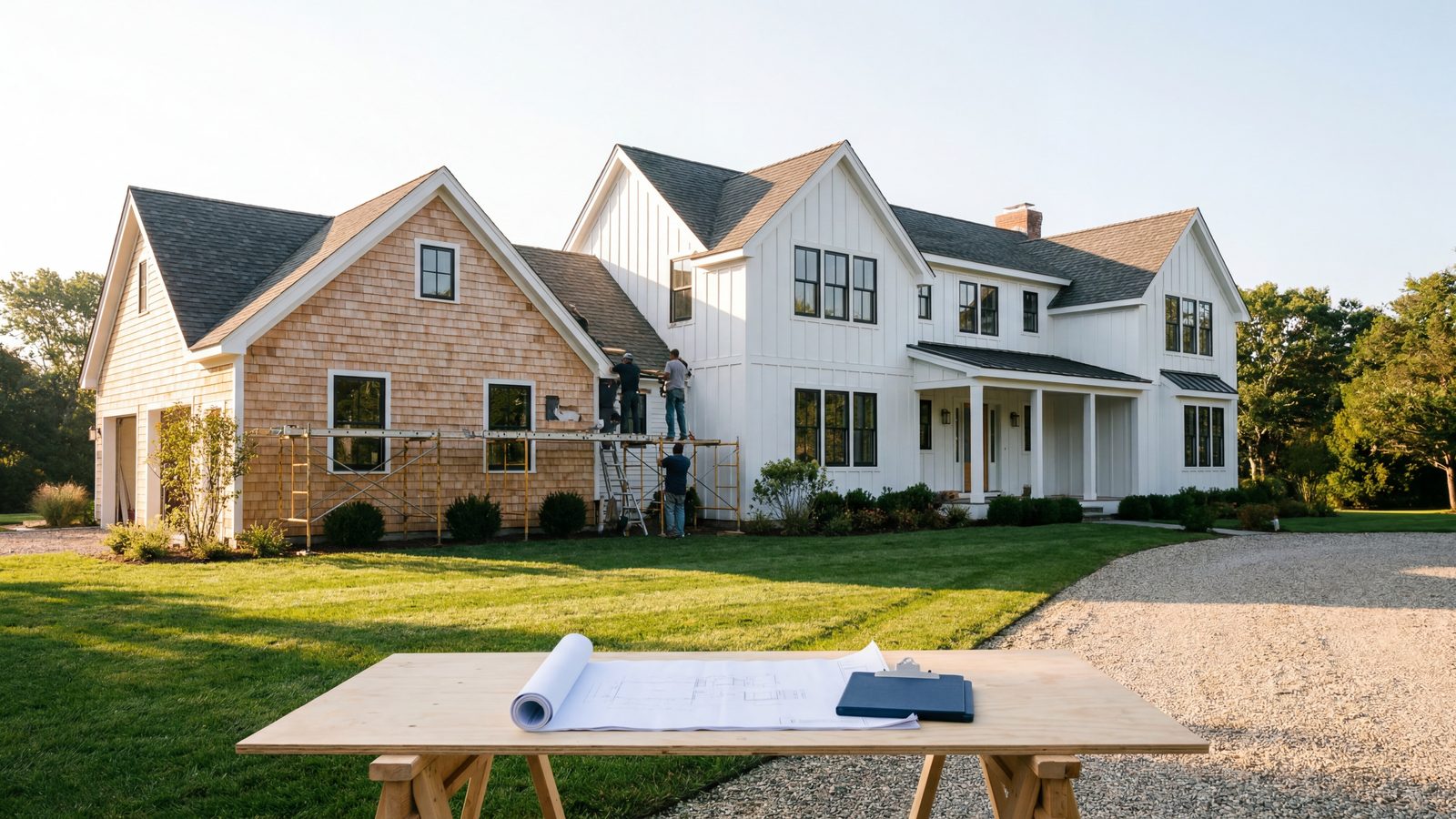 A professional investor reviewing property renovation plans and market data on a tablet inside a home under construction.