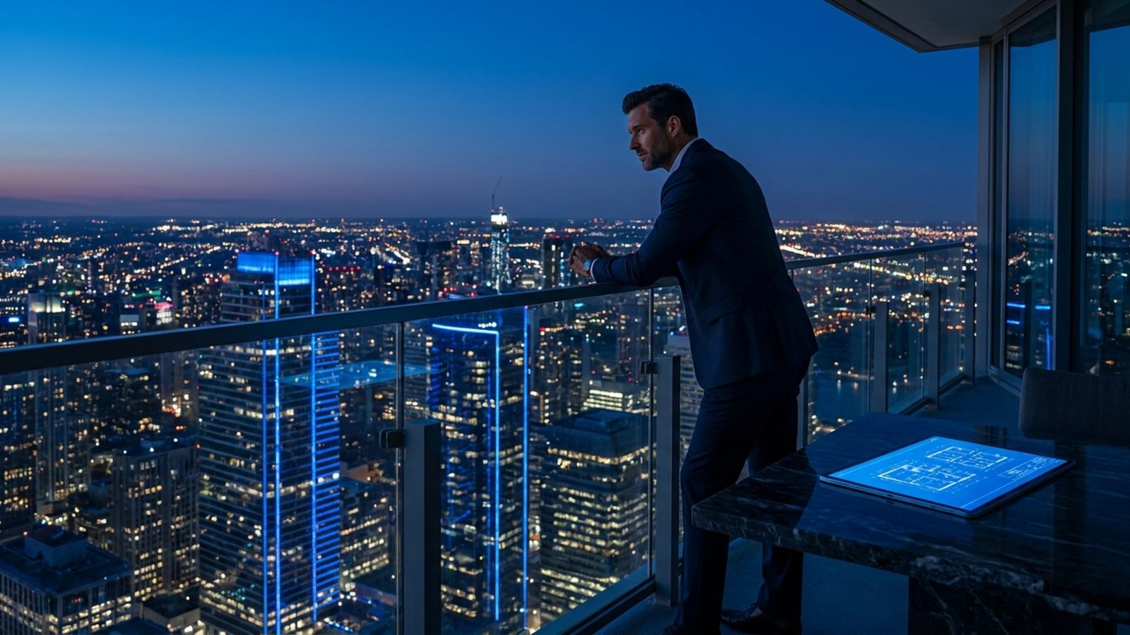 A modern, minimalist office workspace with high-end digital screens showing real estate analytics.