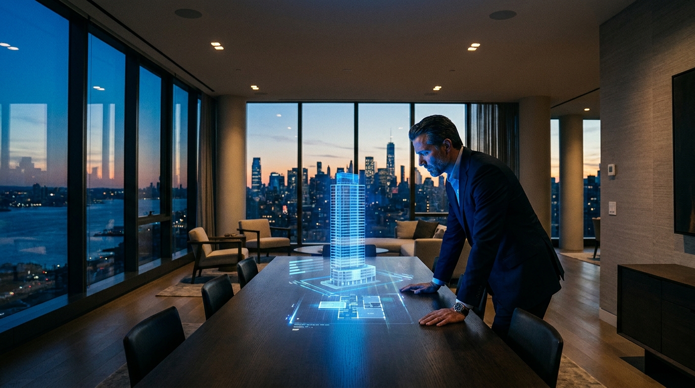 A modern office setting with a view of a US city skyline, representing international real estate investment.
